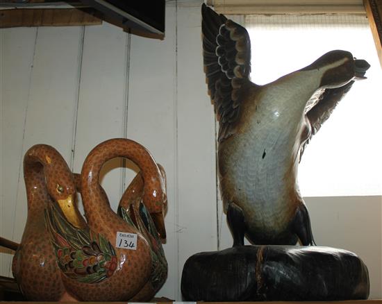 An Indonesian painted wood swan pot and a model of a goose